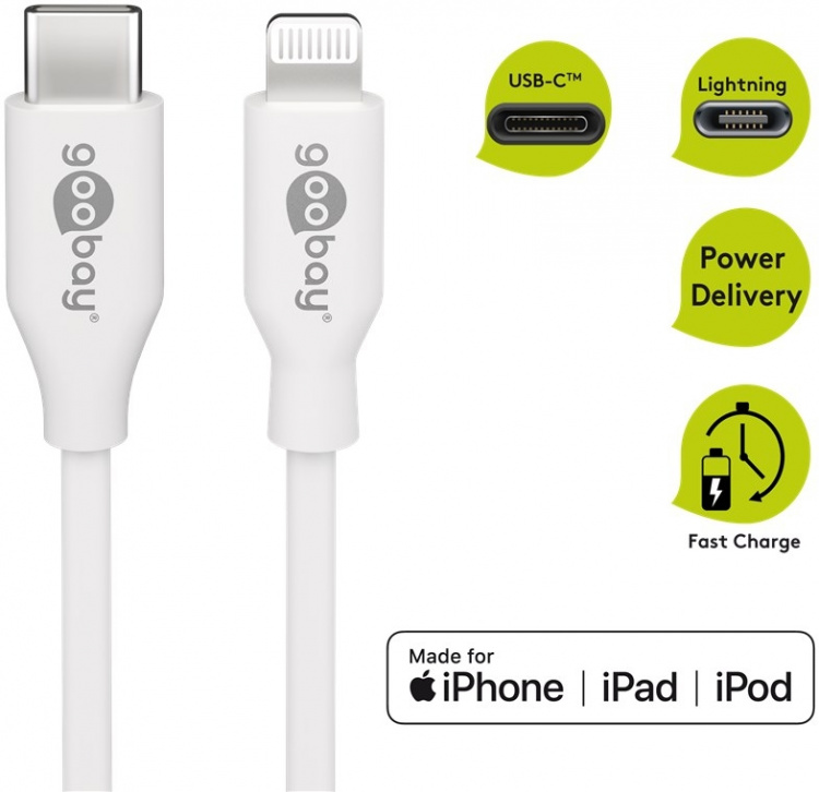 Goobay Lightning till USB-C™ laddnings- och synkroniseringskabel, 0,5 m, vit MFi-kabel för Apple iPhone/iPad