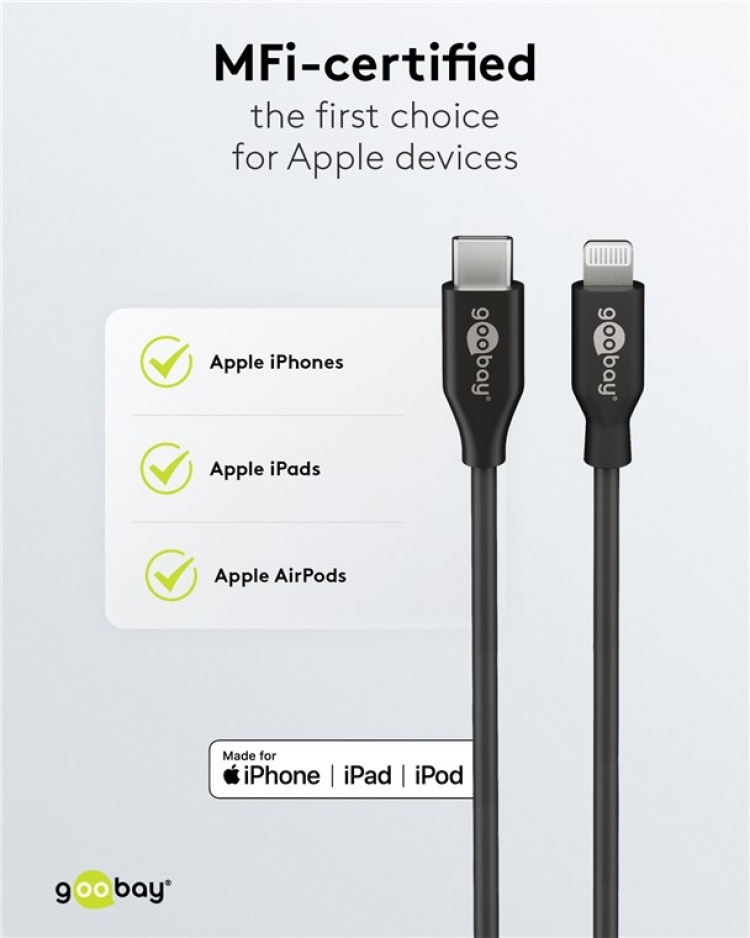 Goobay Lightning till USB-C™ laddnings- och synkroniseringskabel, 1 m, svart MFi-kabel för Apple iPhone/iPad Goobay Lightning till USB-C™ laddnings- och synkroniseringskabel, 1 m, svart MFi-kabel för Apple iPhone/iPad