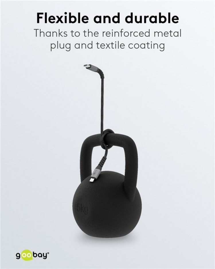 Goobay Lightning-USB-C™ textilkabel med metallkontakter, 1 m MFi-certifierad, elegant och extra robust laddnings- och synkroniseringskabel för Apple iPhone/iPad (svart, grå)