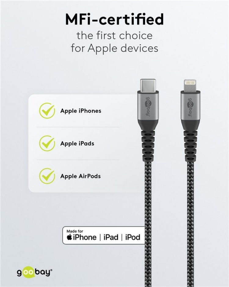 Goobay Lightning-USB-C™ textilkabel med metallkontakter, 2 m MFi-certifierad, elegant och extra robust laddnings- och synkroniseringskabel för Apple iPhone/iPad (svart, grå)