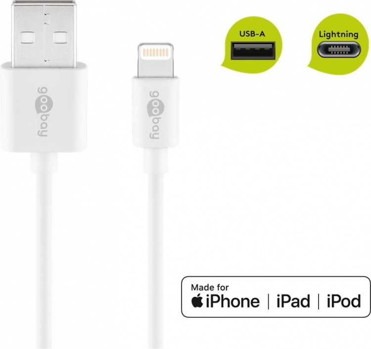 Goobay Lightning USB-kabel för laddning och synkronisering, 1 m, vit MFi-kabel för Apple iPhone/iPad Goobay Lightning USB-kabel för laddning och synkronisering, 1 m, vit MFi-kabel för Apple iPhone/iPad