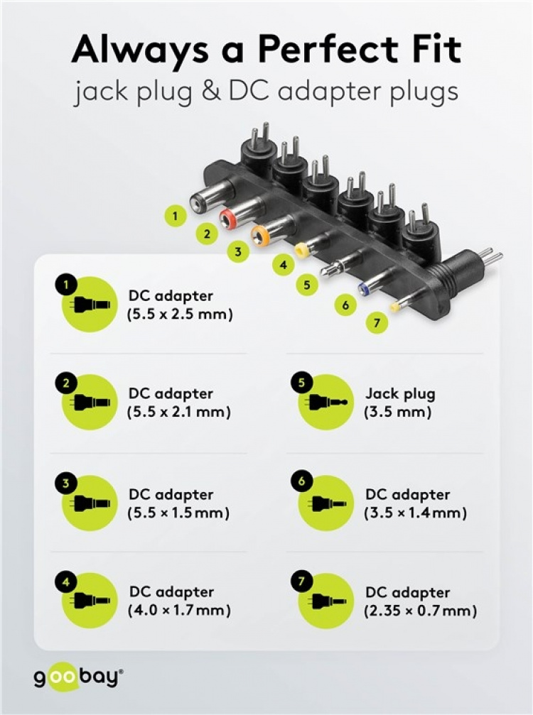 Goobay Universalnätdel (9 V - 24 V max. 24 W / 1,5 A) inkl. 7x DC-adaptrar Goobay Universalnätdel (9 V - 24 V max. 24 W / 1,5 A) inkl. 7x DC-adaptrar
