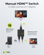 Goobay Manuell HDMI™-omkopplare 2 till 1 (4K @ 30 Hz) för att växla mellan 2x HDMI™-enheter som är anslutna till 1x HDMI™-skärm