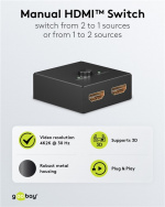 Goobay Manuell HDMI™-omkopplare 2 till 1 (4K @ 30 Hz) för att växla mellan 2x HDMI™-enheter som är anslutna till 1x HDMI™-skärm