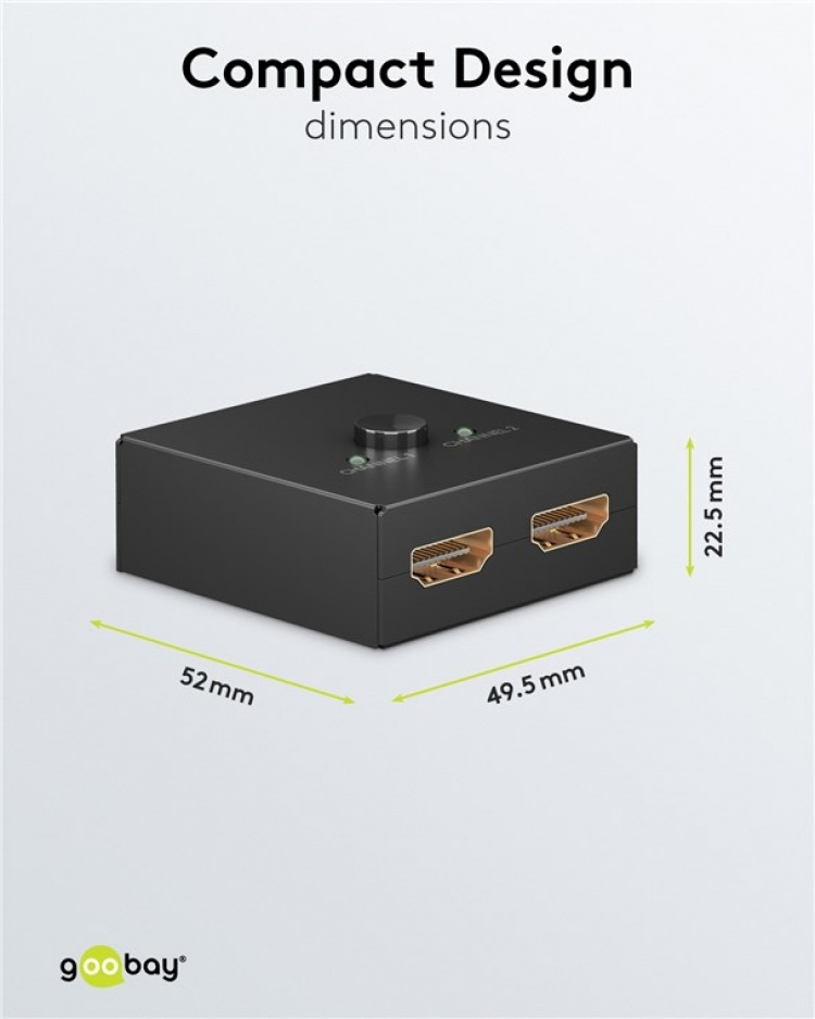 Goobay Manuell HDMI™-omkopplare 2 till 1 (4K @ 30 Hz) för att växla mellan 2x HDMI™-enheter som är anslutna till 1x HDMI™-skärm