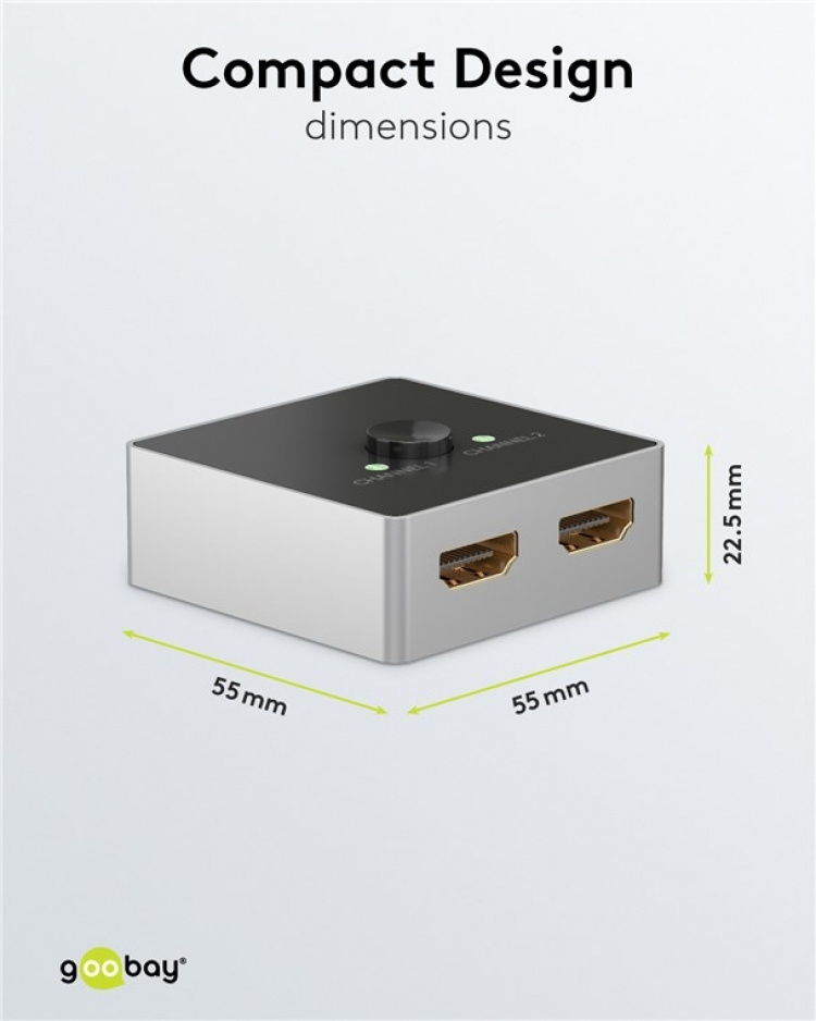 Goobay Manuell HDMI™-omkopplare 2 till 1 (4K @ 60 Hz) för att växla mellan 2x HDMI™-enheter som är anslutna till 1x HDMI™-skärm Goobay Manuell HDMI™-omkopplare 2 till 1 (4K @ 60 Hz) för att växla mellan 2x HDMI™-enheter som är anslutna till 1x HDMI™-skärm