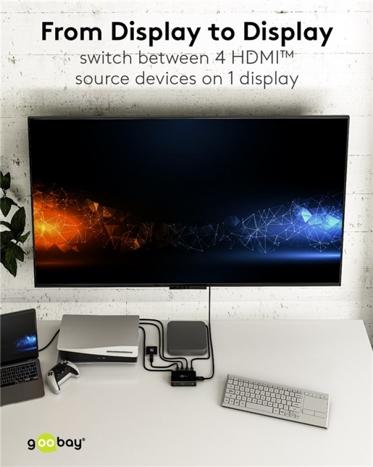 Goobay Manuell HDMI™-omkopplare 4 till 1 (4K @ 60 Hz) för att växla mellan 4x HDMI™-enheter som är anslutna till 1x HDMI™-skärm
