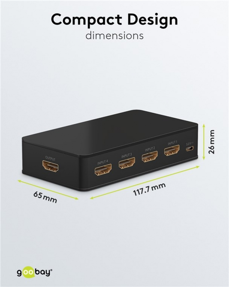 Goobay Manuell HDMI™-omkopplare 4 till 1 (4K @ 60 Hz) för att växla mellan 4x HDMI™-enheter som är anslutna till 1x HDMI™-skärm