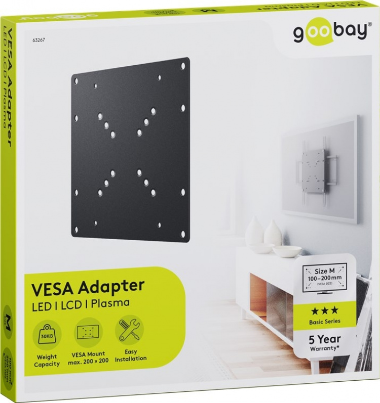 Goobay Adapter för TV-väggfäste med VESA-dimension ökar avståndet mellan monteringshålen på en TV-apparat till maximalt 200x200 mm Goobay Adapter för TV-väggfäste med VESA-dimension ökar avståndet mellan monteringshålen på en TV-apparat till maximalt 200x200 mm