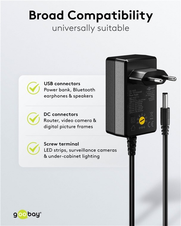 Goobay Universalnätdel 3 V - 12 V, max. 18 W inkl. 11 adaptrar: 7 DC-adaptrar plus USB-C™, USB-A, USB Mini-B, Micro-USB och terminalblock