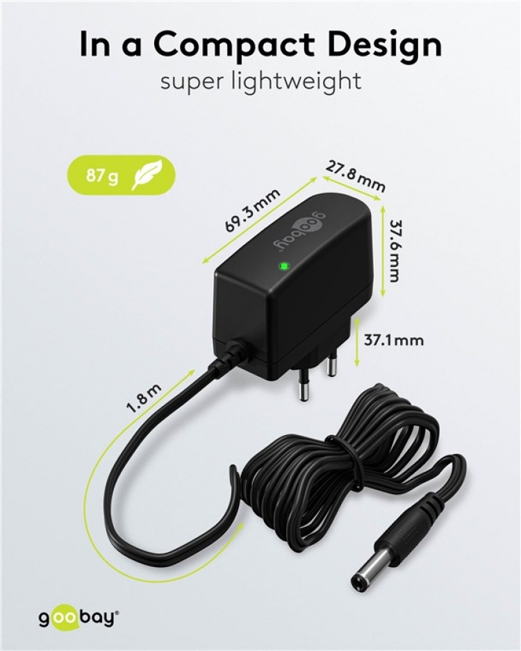 Goobay 12 V nätdel (12 W / 1,0 A) med centrumstift (han) 5,5 mm x 2,1 mm