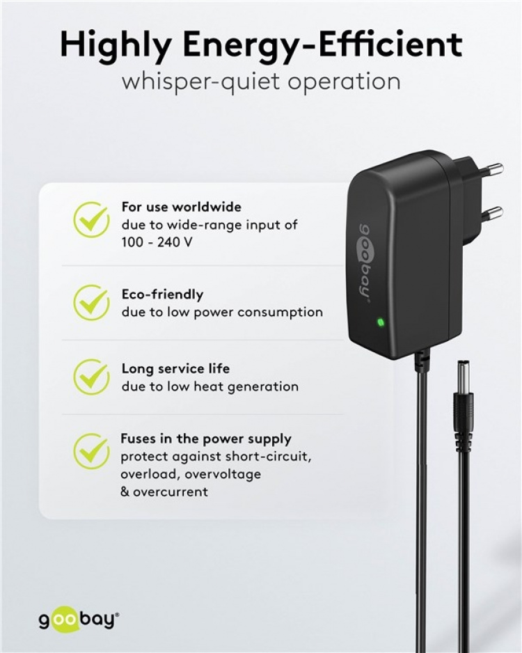 Goobay 12 V nätdel (12 W / 1,0 A) med centrumstift (han) 5,5 mm x 2,1 mm