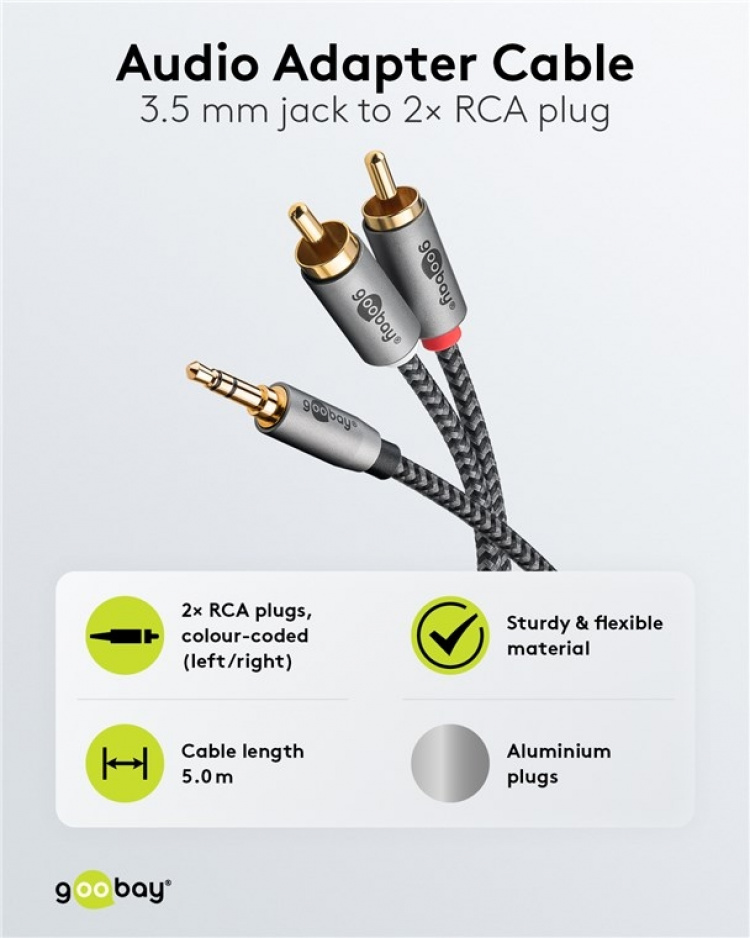 Goobay Ljudadapterkabel AUX, 3,5 mm jack till stereo RCA-kontakt, 5 m Pawl 3,5 mm plugg (3-stift, Stereo) > 2x RCA-kontakt (ljud vänster / höger) Goobay Ljudadapterkabel AUX, 3,5 mm jack till stereo RCA-kontakt, 5 m Pawl 3,5 mm plugg (3-stift, Stereo) > 2x RCA-kontakt (ljud vänster / höger)