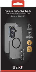 3SIXT 4in1 Protection Bundle mobilskal, skärmskydd, kameraskydd och stressfri applikator, kompatibel med Samsung Galaxy S24, transparent