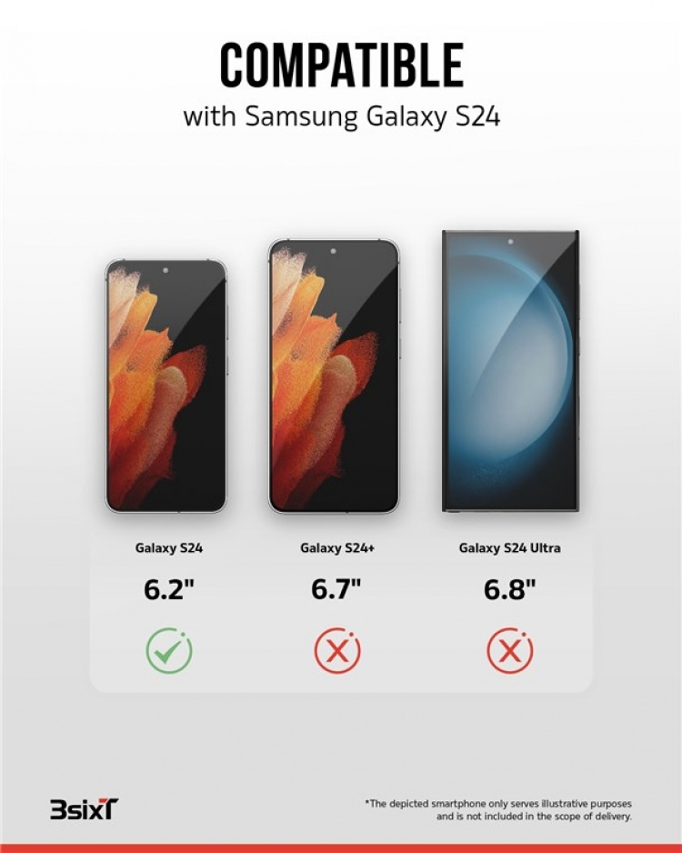 3SIXT 4in1 Protection Bundle mobilskal, skärmskydd, kameraskydd och stressfri applikator, kompatibel med Samsung Galaxy S24, transparent