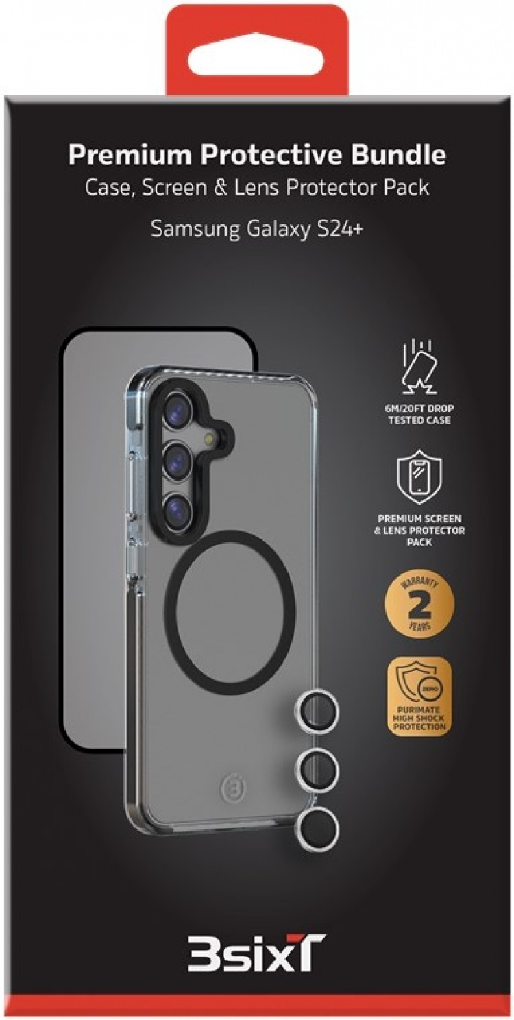 3SIXT 4in1 Protection Bundle mobilskal, skärmskydd, kameraskydd och stressfri applikator, kompatibel med Samsung Galaxy S24+, transparent