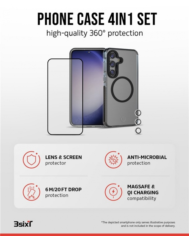 3SIXT 4in1 Protection Bundle mobilskal, skärmskydd, kameraskydd och stressfri applikator, kompatibel med Samsung Galaxy S24+, transparent