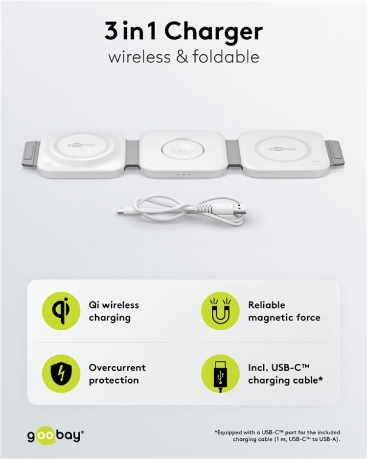 Goobay 3in1 trådlös laddare, vikbar, 15 W laddar trådlöst upp till 3 enheter samtidigt Goobay 3in1 trådlös laddare, vikbar, 15 W laddar trådlöst upp till 3 enheter samtidigt