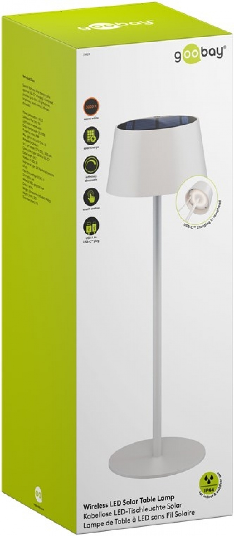 Goobay Trådlös LED-bordslampa med solcell, vit med touchkontroll, 150 lm, varmvit (3000 K), steglöst dimbar Goobay Trådlös LED-bordslampa med solcell, vit med touchkontroll, 150 lm, varmvit (3000 K), steglöst dimbar