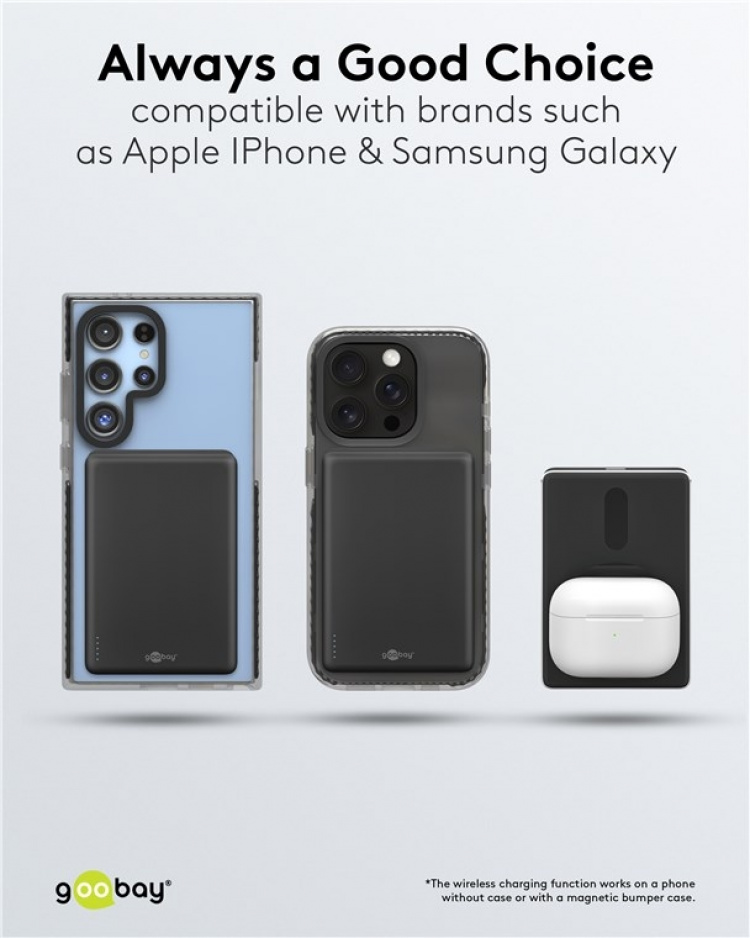 Goobay Magnetisk trådlös powerbank 5.000 mAh fäster magnetiskt på baksidan av mobiltelefonen, perfekt för samtidig laddning och telefonering Goobay Magnetisk trådlös powerbank 5.000 mAh fäster magnetiskt på baksidan av mobiltelefonen, perfekt för samtidig laddning och telefonering