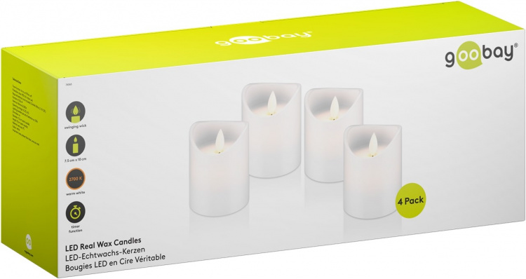 Goobay 4-pack LED-ljus av äkta vax, vit, inkl. 12x AAA (LR03) med timerfunktion och pendelveke, batteridriven, varmvitt (2700 K)