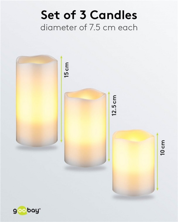 Goobay 3-pack LED-ljus av äkta vax, vita med timerfunktion och fjärrkontroll, dimbar, batteridriven