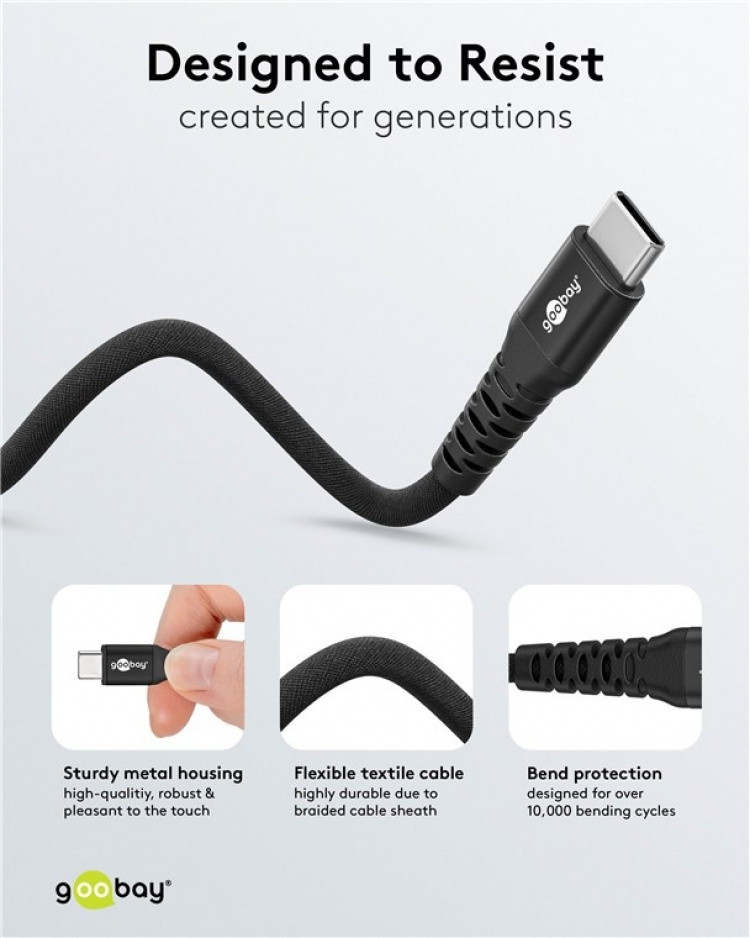 Goobay USB-C™ supersoft textilkabel med metallkontakter, 0,5 m, svart elegant och extra robust anslutningskabel för enheter med USB-C™-port