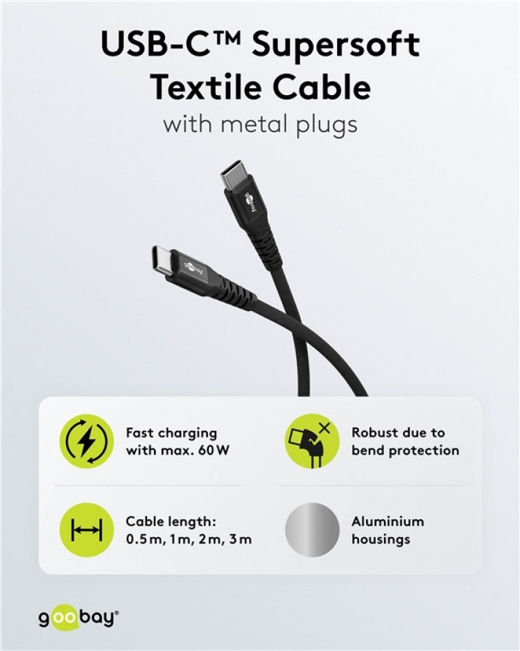 Goobay USB-C™ supersoft textilkabel med metallkontakter, 1 m, svart elegant och extra robust anslutningskabel för enheter med USB-C™-port