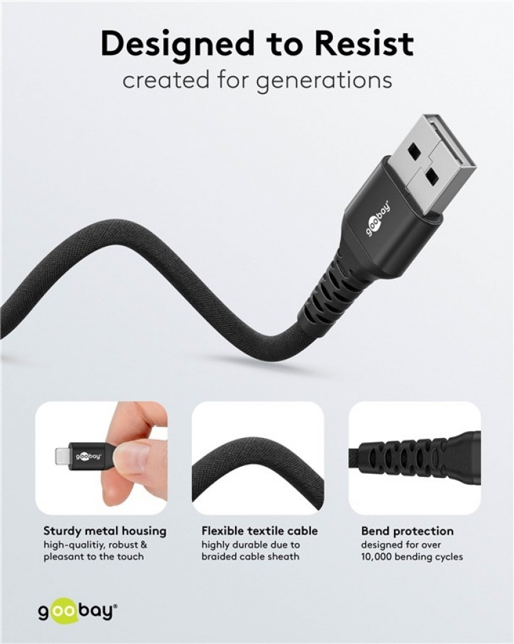 Goobay Lightning-USB-A supersoft textilkabel med metallkontakter, 0,5 m, svart MFi-certifierad, elegant och extra robust laddnings- och synkroniseringskabel för Apple iPhone/iPad (svart)