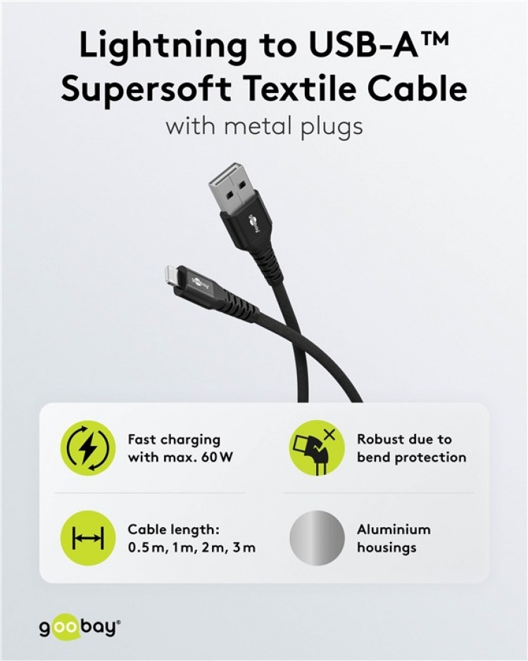 Goobay Lightning-USB-A supersoft textilkabel med metallkontakter, 3 m, svart MFi-certifierad, elegant och extra robust laddnings- och synkroniseringskabel för Apple iPhone/iPad (svart)