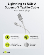 Goobay Lightning-USB-A supersoft textilkabel med metallkontakter, 2 m, vit MFi-certifierad, elegant och extra robust laddnings- och synkroniseringskabel för Apple iPhone/iPad (vit)