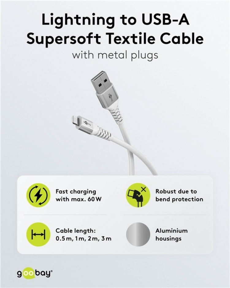 Goobay Lightning-USB-A supersoft textilkabel med metallkontakter, 2 m, vit MFi-certifierad, elegant och extra robust laddnings- och synkroniseringskabel för Apple iPhone/iPad (vit)