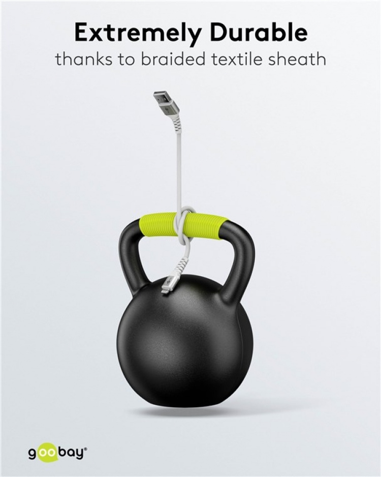 Goobay Lightning-USB-A supersoft textilkabel med metallkontakter, 2 m, vit MFi-certifierad, elegant och extra robust laddnings- och synkroniseringskabel för Apple iPhone/iPad (vit)