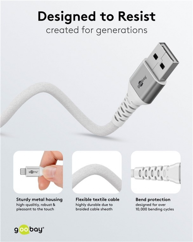Goobay Lightning-USB-A supersoft textilkabel med metallkontakter, 3 m, vit MFi-certifierad, elegant och extra robust laddnings- och synkroniseringskabel för Apple iPhone/iPad (vit)