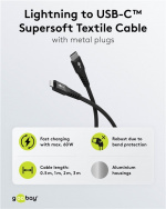 Goobay Lightning-USB-C™ supersoft textilkabel med metallkontakter, 0,5 m, svart MFi-certifierad, elegant och extra robust laddnings- och synkroniseringskabel för Apple iPhone/iPad (svart) Goobay Lightning-USB-C™ supersoft textilkabel med metallkontakter, 0,5 m, svart MFi-certifierad, elegant och extra robust laddnings- och synkroniseringskabel för Apple iPhone/iPad (svart)