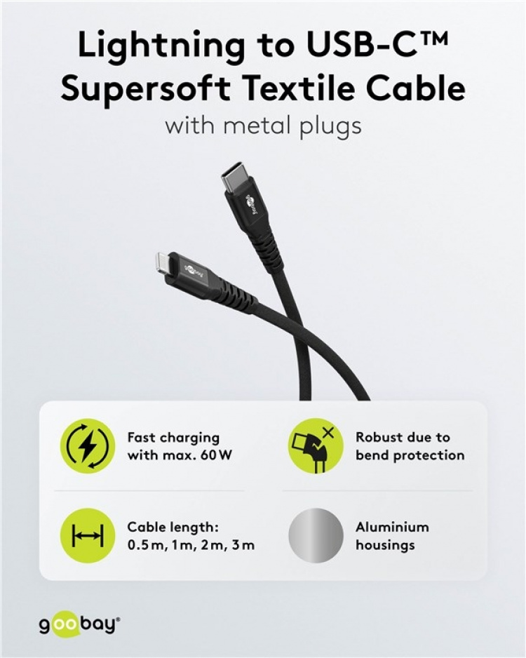Goobay Lightning-USB-C™ supersoft textilkabel med metallkontakter, 2 m, svart MFi-certifierad, elegant och extra robust laddnings- och synkroniseringskabel för Apple iPhone/iPad (svart)