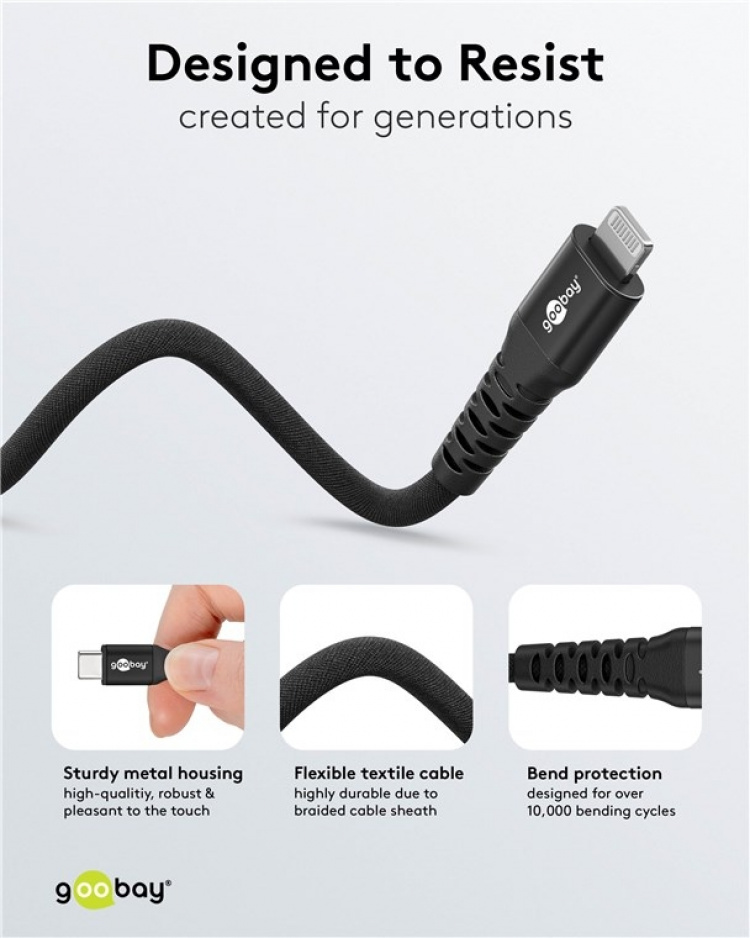 Goobay Lightning-USB-C™ supersoft textilkabel med metallkontakter, 2 m, svart MFi-certifierad, elegant och extra robust laddnings- och synkroniseringskabel för Apple iPhone/iPad (svart)