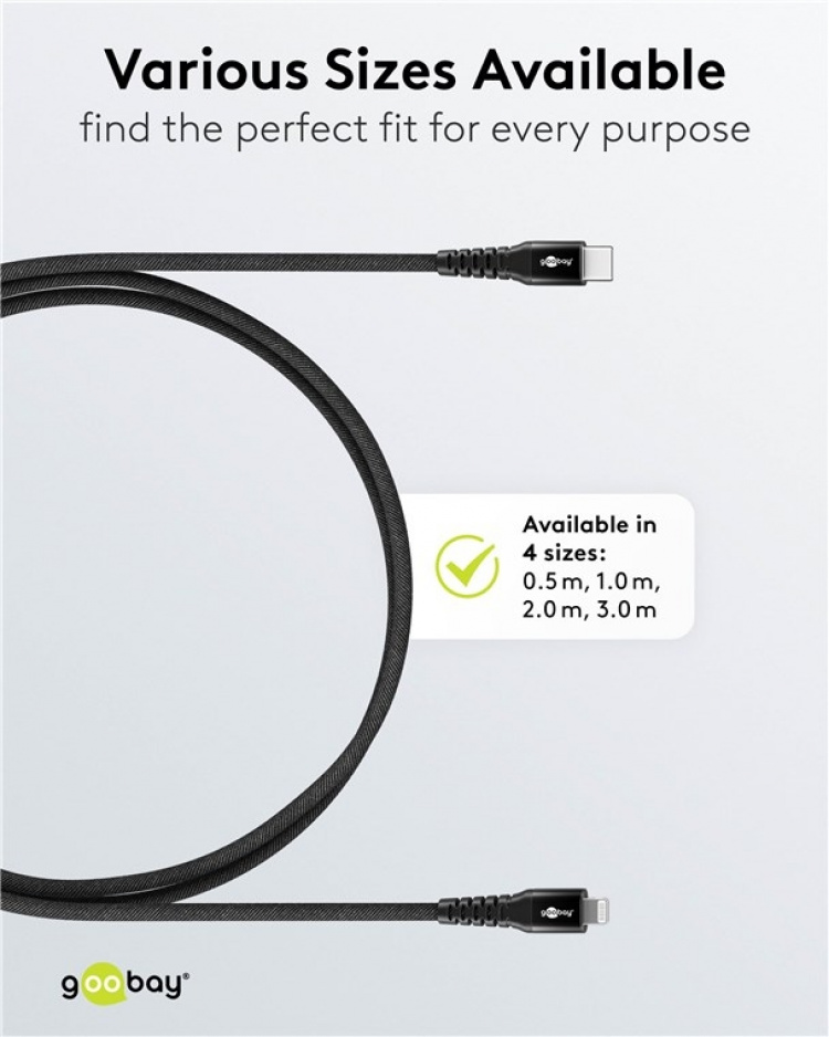 Goobay Lightning-USB-C™ supersoft textilkabel med metallkontakter, 2 m, svart MFi-certifierad, elegant och extra robust laddnings- och synkroniseringskabel för Apple iPhone/iPad (svart)