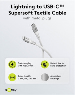 Goobay Lightning-USB-C™ supersoft textilkabel med metallkontakter, 0,5 m, vit MFi-certifierad, elegant och extra robust laddnings- och synkroniseringskabel för Apple iPhone/iPad (vit)