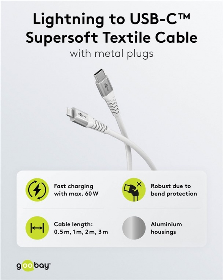 Goobay Lightning-USB-C™ supersoft textilkabel med metallkontakter, 2 m, vit MFi-certifierad, elegant och extra robust laddnings- och synkroniseringskabel för Apple iPhone/iPad (vit)