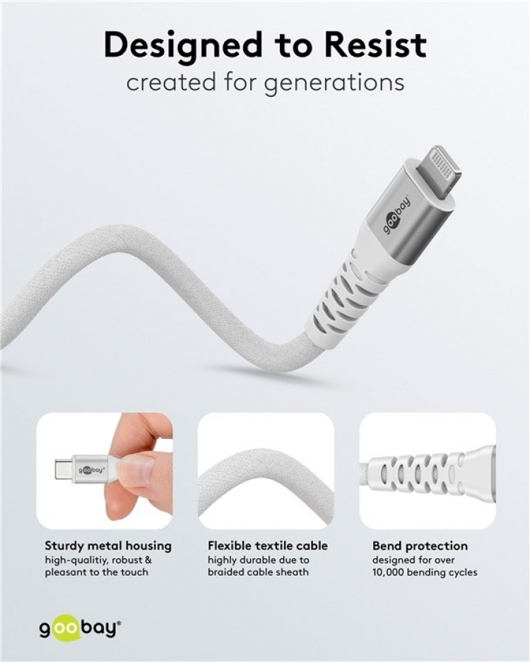 Goobay Lightning-USB-C™ supersoft textilkabel med metallkontakter, 2 m, vit MFi-certifierad, elegant och extra robust laddnings- och synkroniseringskabel för Apple iPhone/iPad (vit)