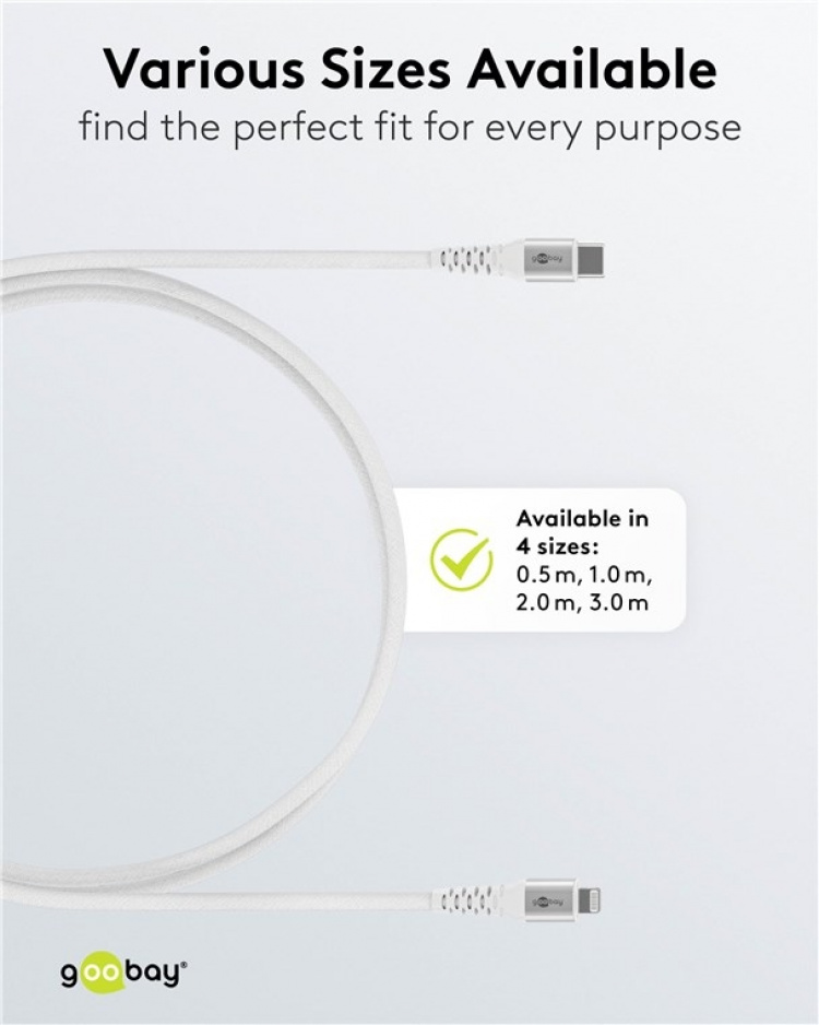 Goobay Lightning-USB-C™ supersoft textilkabel med metallkontakter, 2 m, vit MFi-certifierad, elegant och extra robust laddnings- och synkroniseringskabel för Apple iPhone/iPad (vit)
