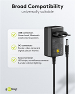 Goobay Universalnätdel 5 V - 15 V, max. 36 W / 1,0 A inkl. 11 adaptrar: 7 DC-adaptrar plus USB-C™, USB-A, USB Mini-B, Micro-USB och terminalblock