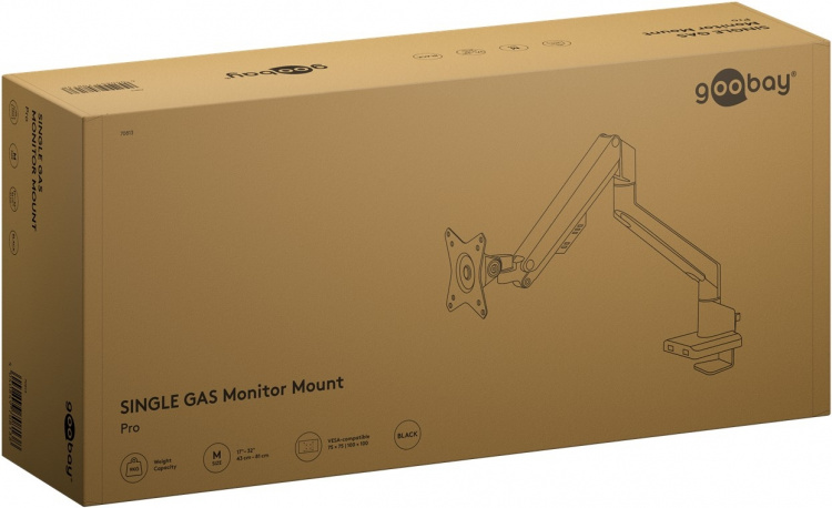 Goobay Single skärmfäste med gasfjäder, svart för bildskärmar från 17 till 32 tum (43 - 81 cm), max. 9 kg, enkel snap-in-montering av armarna