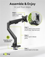 Goobay Single skärmfäste med gasfjäder, svart för bildskärmar från 17 till 32 tum (43 - 81 cm), max. 9 kg, enkel snap-in-montering av armarna