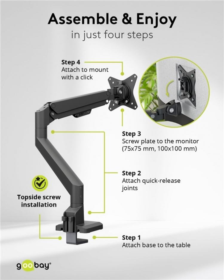 Goobay Single skärmfäste med gasfjäder, svart för bildskärmar från 17 till 32 tum (43 - 81 cm), max. 9 kg, enkel snap-in-montering av armarna