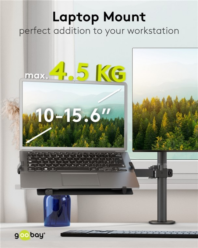 Goobay Laptopfäste för monitorarm, svart för bildskärmar från 10 till 15,6 tum (25 - 40 cm), max. 4,5 kg, för montering på ett bildskärmsfäste Goobay Laptopfäste för monitorarm, svart för bildskärmar från 10 till 15,6 tum (25 - 40 cm), max. 4,5 kg, för montering på ett bildskärmsfäste