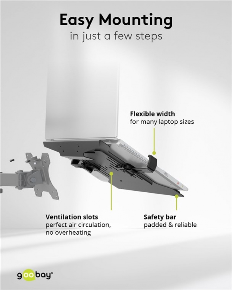 Goobay Laptopfäste för monitorarm, svart för bildskärmar från 10 till 15,6 tum (25 - 40 cm), max. 4,5 kg, för montering på ett bildskärmsfäste Goobay Laptopfäste för monitorarm, svart för bildskärmar från 10 till 15,6 tum (25 - 40 cm), max. 4,5 kg, för montering på ett bildskärmsfäste