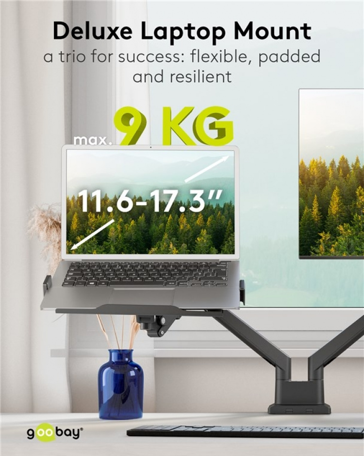 Goobay Deluxe laptopfäste för monitorarm, svart för bildskärmar från 11,6 till 17,3 tum (29 - 44 cm), max. 9 kg, för montering på ett bildskärmsfäste