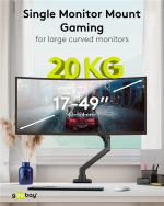 Goobay Single skärmfäste Gaming med gasfjäder, svart för XL-skärmar från 17 till 49 tum (43 - 124 cm), max. 20 kg, kraftigt fäste för tunga gaming och böjda skärmar, enkel snap-in-montering av armarna